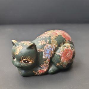 Cloisonne Cat Figurine Fitz And Floyd Takahashi Style  Painted Green Flowers 4”
